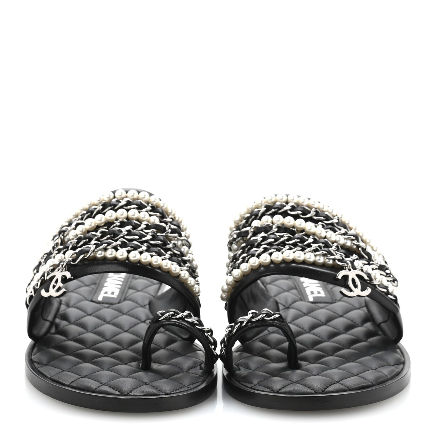 Pearl Lambskin Chain Flat Sandals 38.5 Black