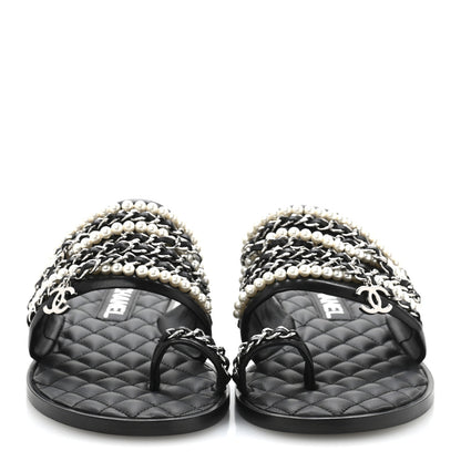Chanel Pearl Lambskin Chain Flat Sandals 38.5 Black 3 of 10