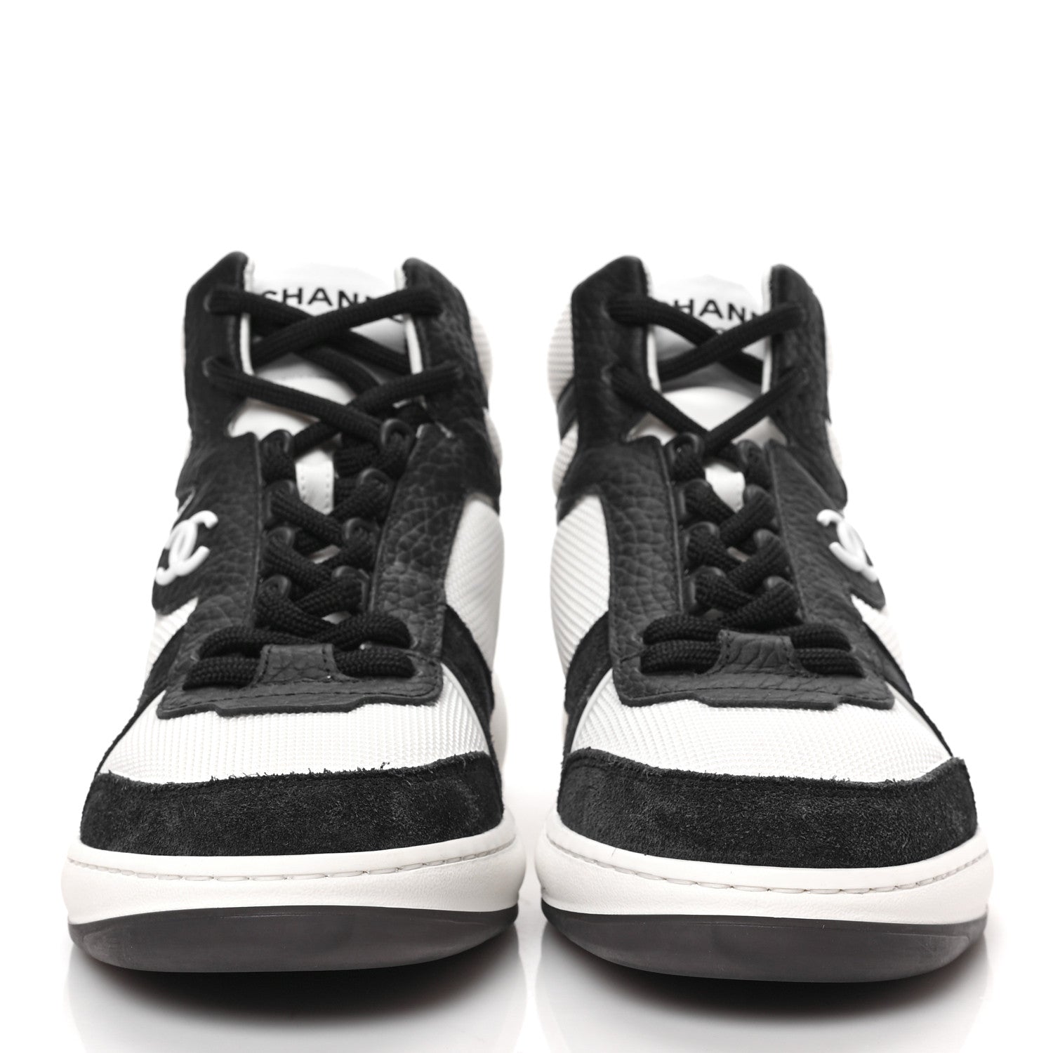 Chanel Suede Fabric Grained Calfskin Womens CC High Top Sneakers 35 White Navy 2 of 8