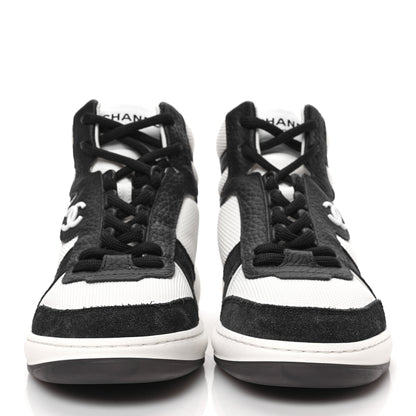 Chanel Suede Fabric Grained Calfskin Womens CC High Top Sneakers 35 White Navy 2 of 8