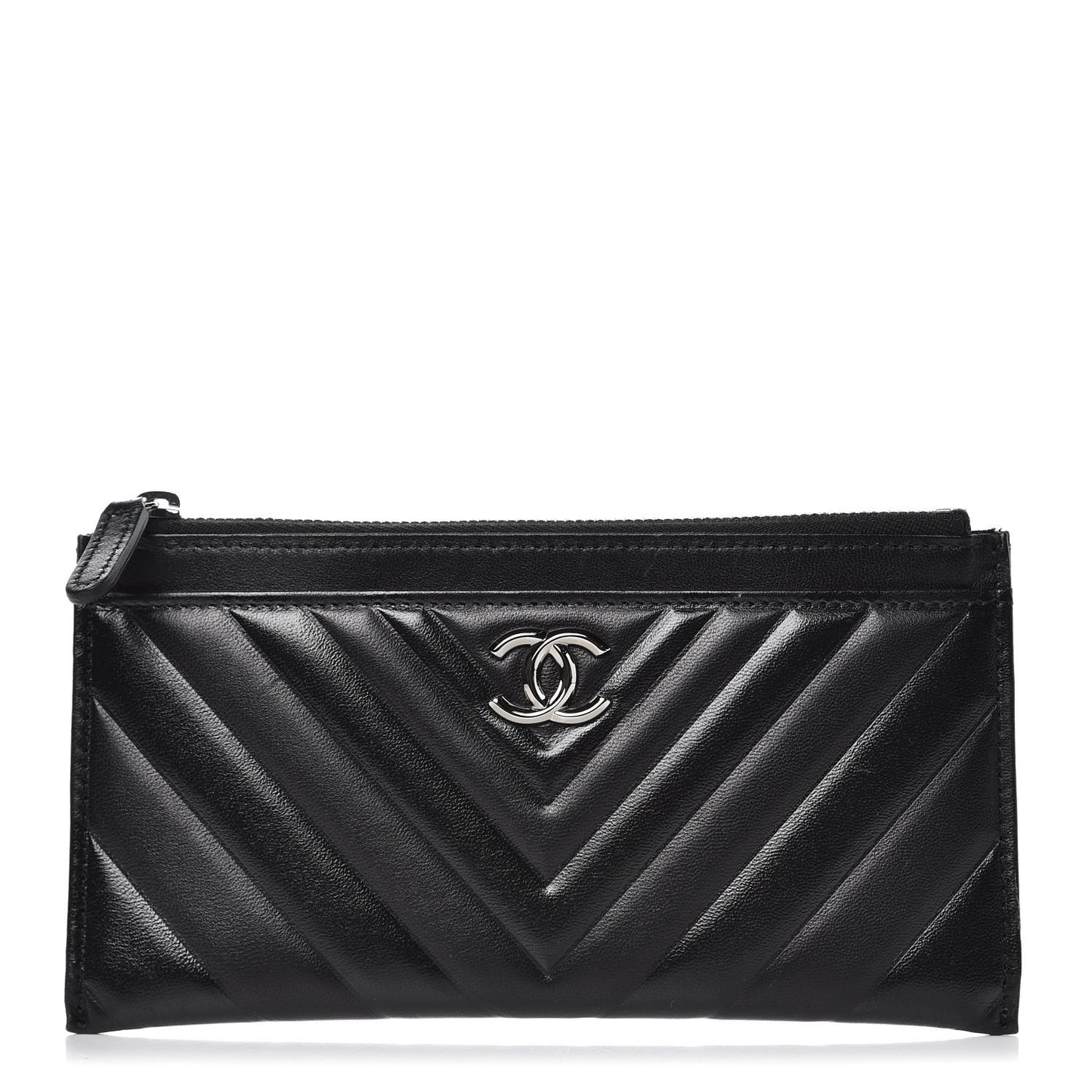 Lambskin Chevron Quilted Classic Zip Pouch Black