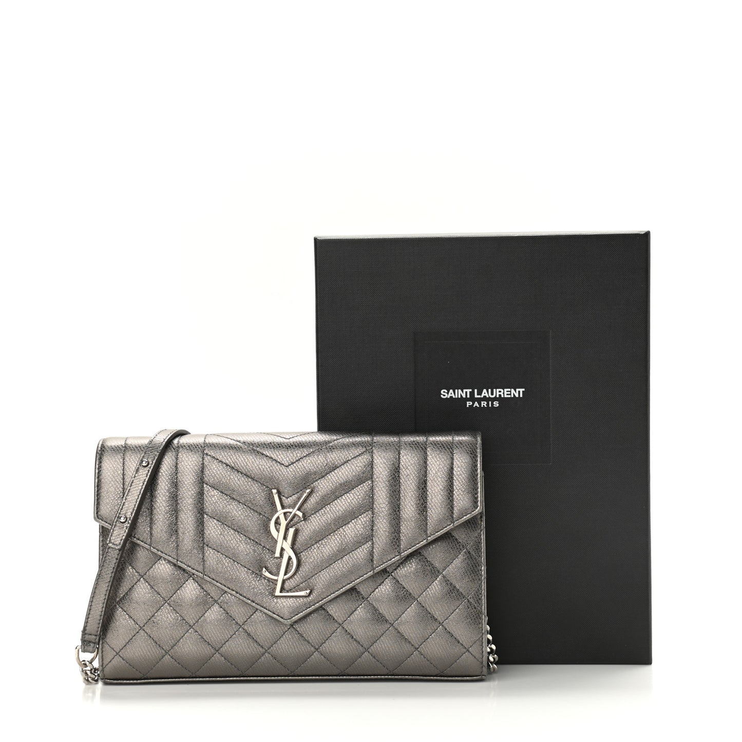 Metallic Calfskin Mixed Matelasse Triquilt Monogram Chain Wallet Piombo