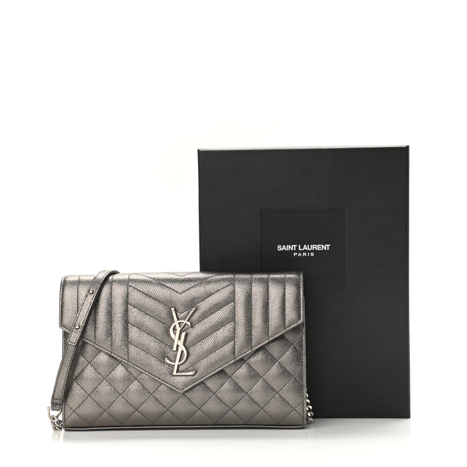 Saint Laurent Metallic Calfskin Mixed Matelasse Triquilt Monogram Chain Wallet Piombo 11 of 11