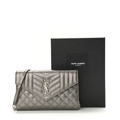Saint Laurent Metallic Calfskin Mixed Matelasse Triquilt Monogram Chain Wallet Piombo 11 of 11