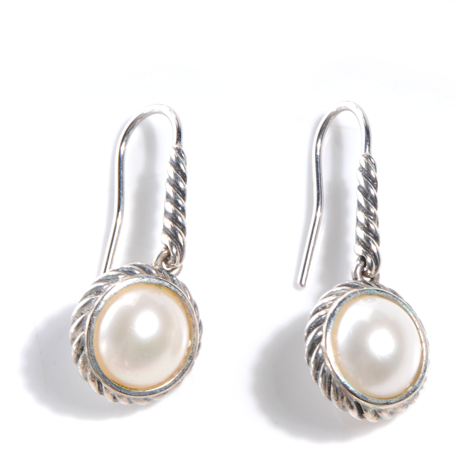 David Yurman Sterling Silver Pearl 9mm Cable Drop Earrings 1 of 4