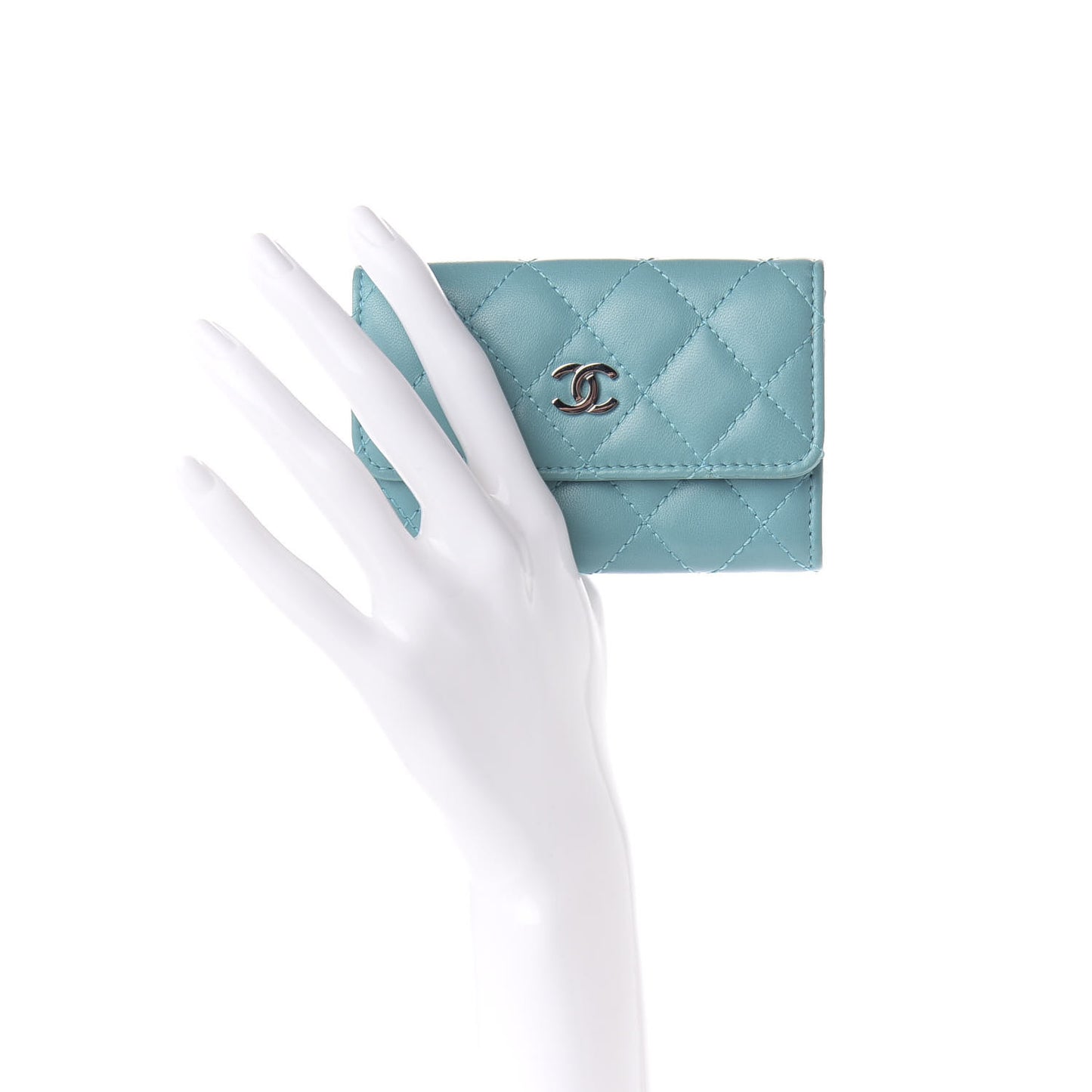 Lambskin Quilted Flap Card Holder Turquoise