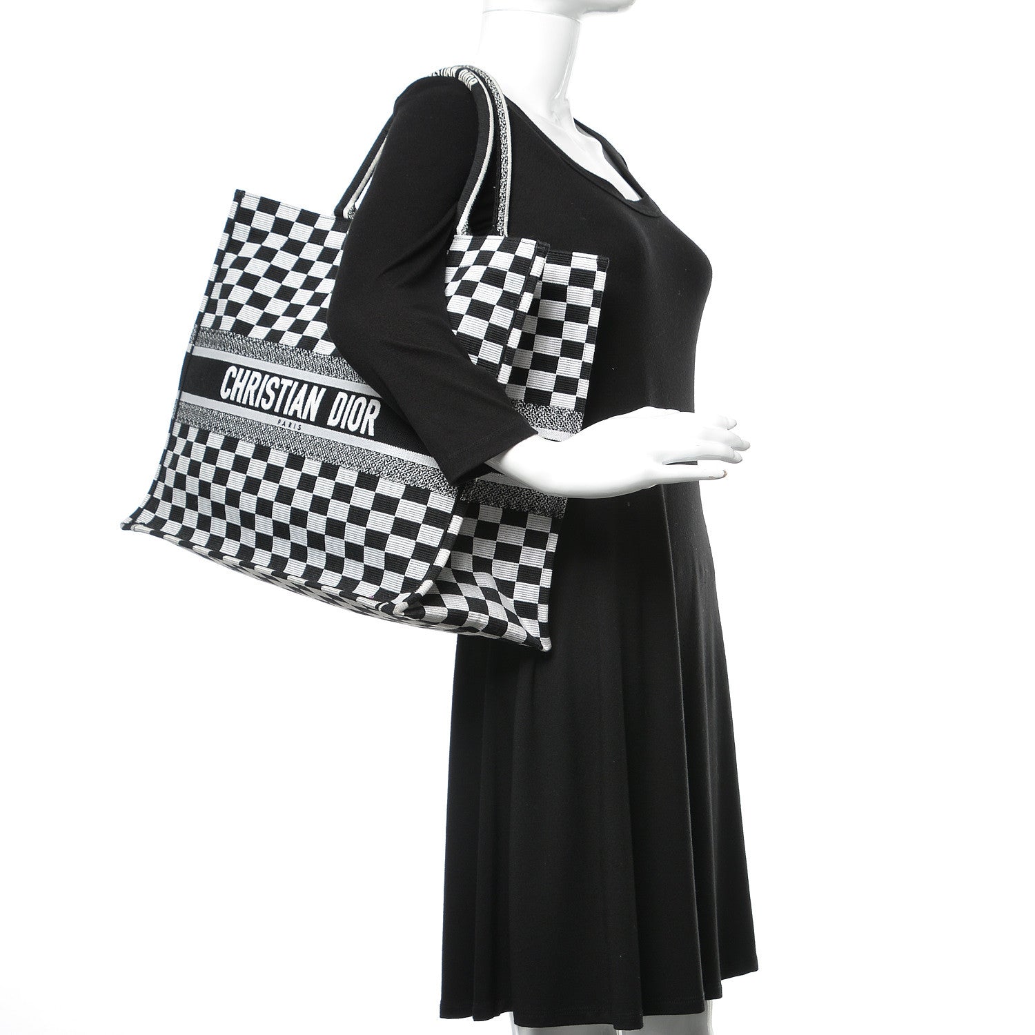 Christian Dior Canvas Embroidered Checkered Book Tote Black White 2 of 9