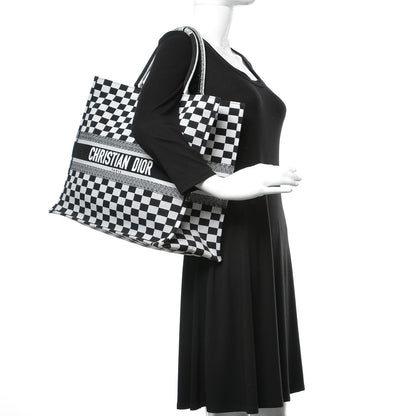 Christian Dior Canvas Embroidered Checkered Book Tote Black White 2 of 9