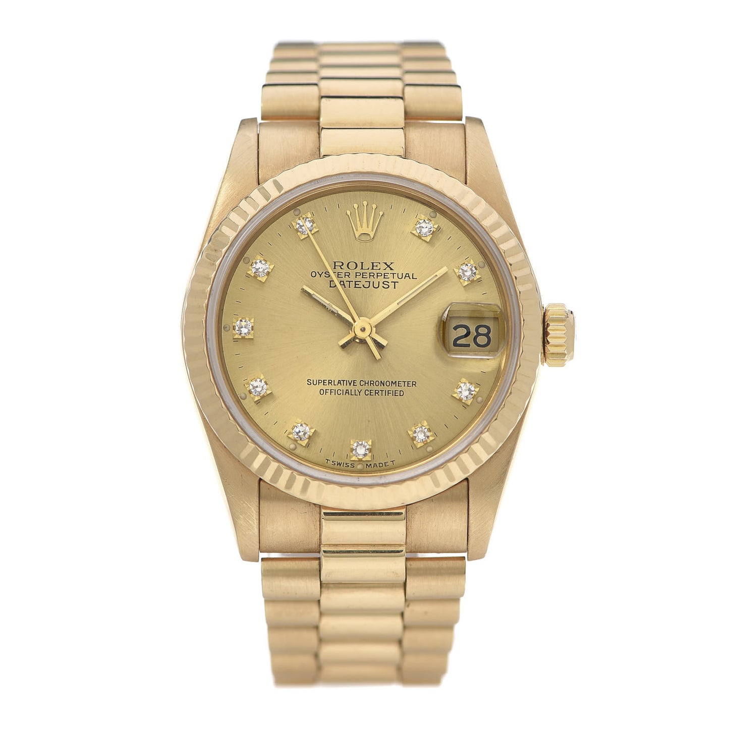 18K Yellow Gold Diamond 31mm Oyster Perpetual Datejust President Watch Champagne 68278