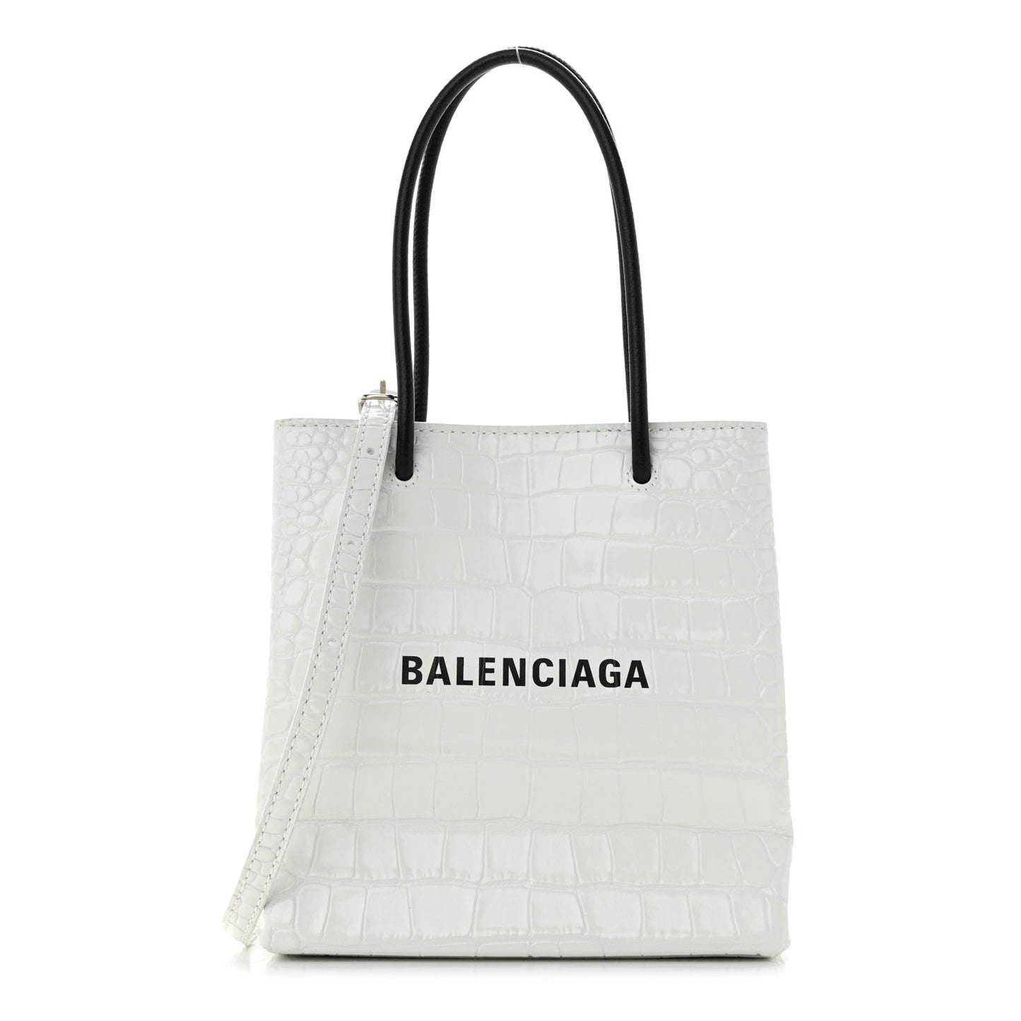 Shiny Calfskin Logo Crocodile Embossed North South Shopper Tote XXS White