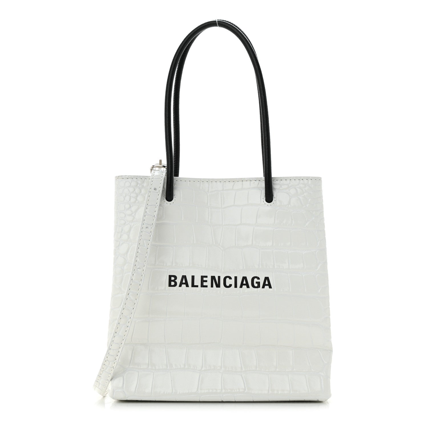 Balenciaga Shiny Calfskin Logo Crocodile Embossed North South Shopper Tote XXS White 1 of 10