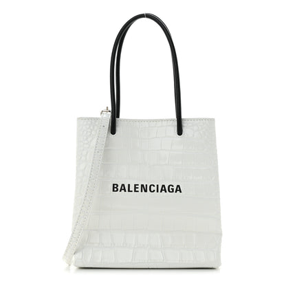 Balenciaga Shiny Calfskin Logo Crocodile Embossed North South Shopper Tote XXS White 1 of 10