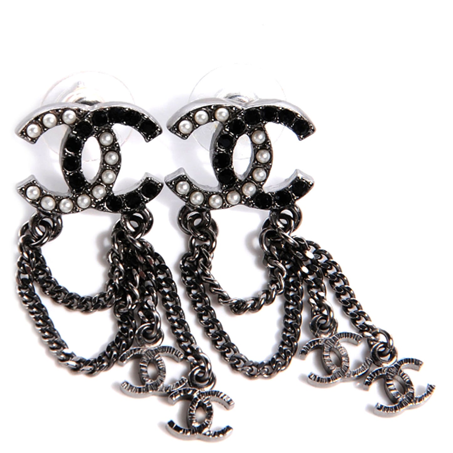 Pearl Beaded CC Chain Earrings Dark Silver