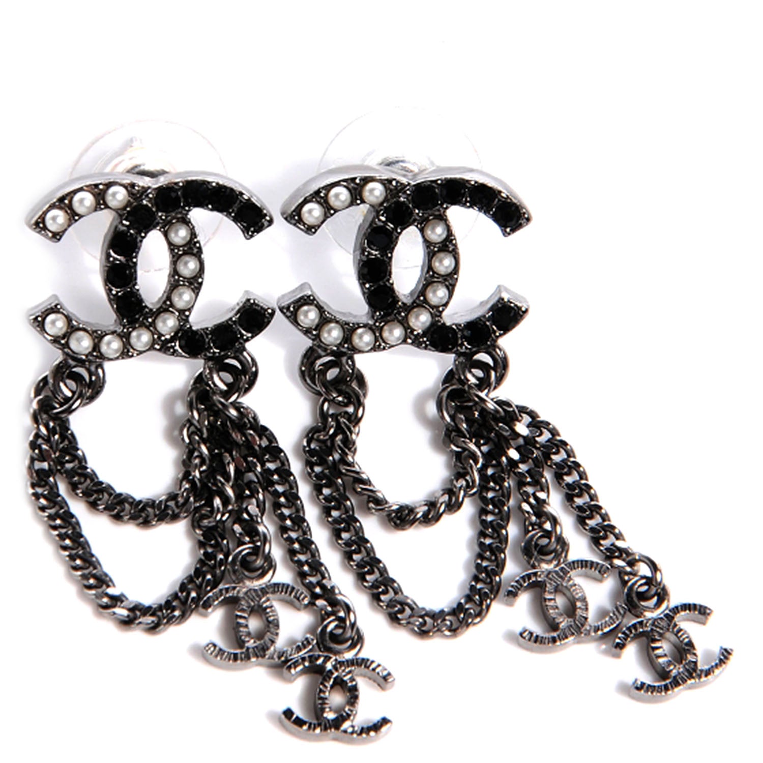 Chanel Pearl Beaded CC Chain Earrings Dark Silver 1 of 4