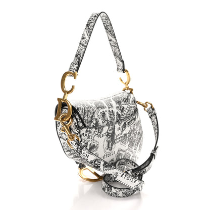Christian Dior Calfskin Plan De Paris Printed Saddle Bag With Strap White Black 3 of 10