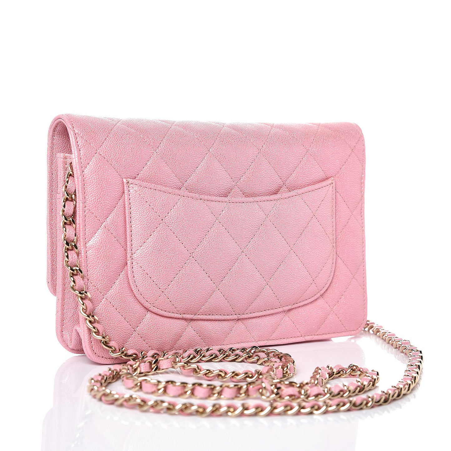 Iridescent Caviar Quilted Wallet on Chain WOC Rose Pink