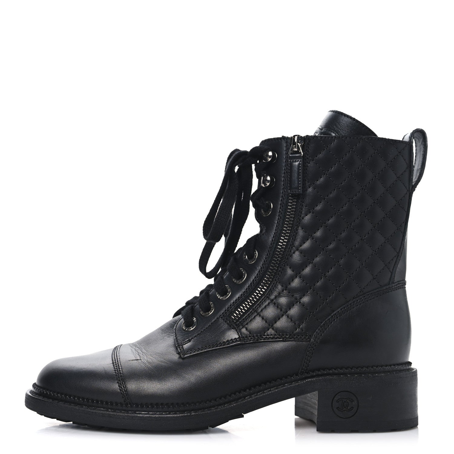 Chanel Calfskin Quilted Lace Up Combat Boots 40 Black 1 of 12