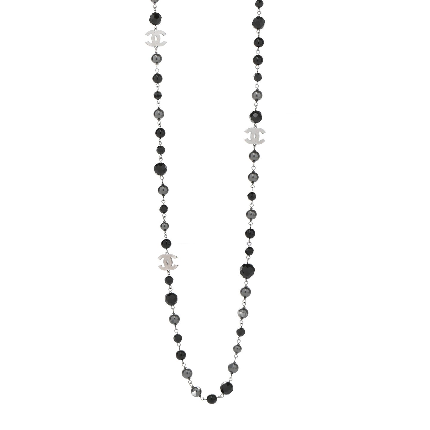 Pearl Beaded CC Long Necklace Silver Black