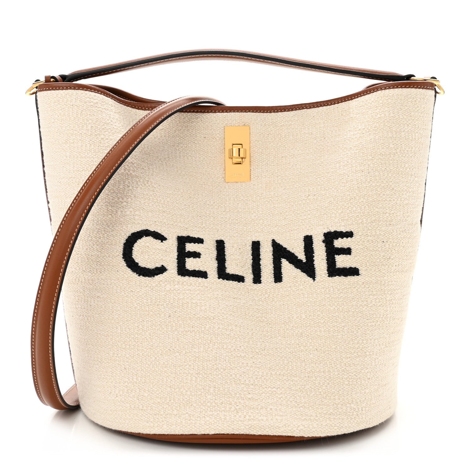 Celine Canvas Calfskin Logo Bucket 16 Bag Natural Tan 1 of 12
