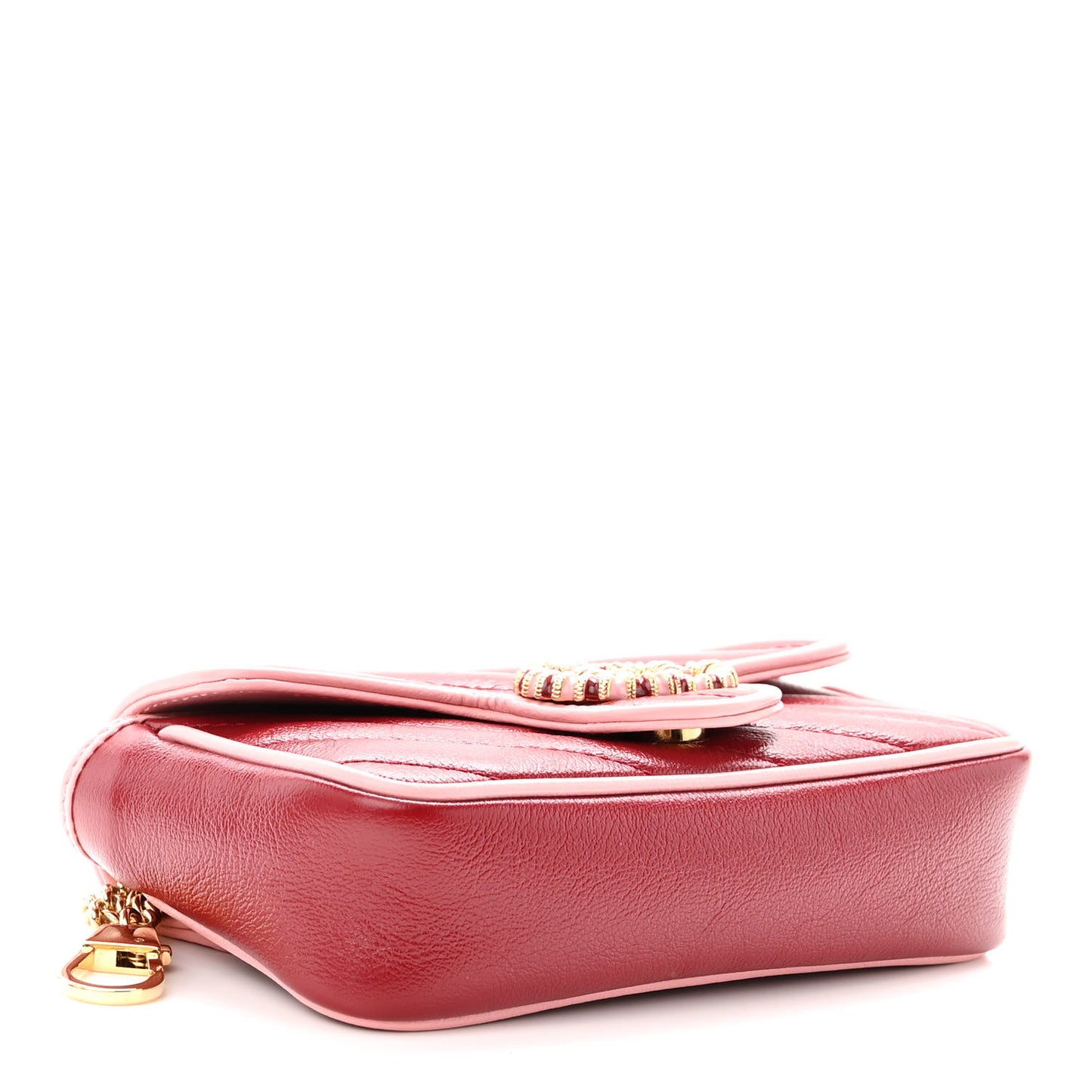 Azalea Calfskin Enamel Matelasse Diagonal Super Mini Torchon GG Marmont Shoulder Bag New Cherry Red Wild Rose
