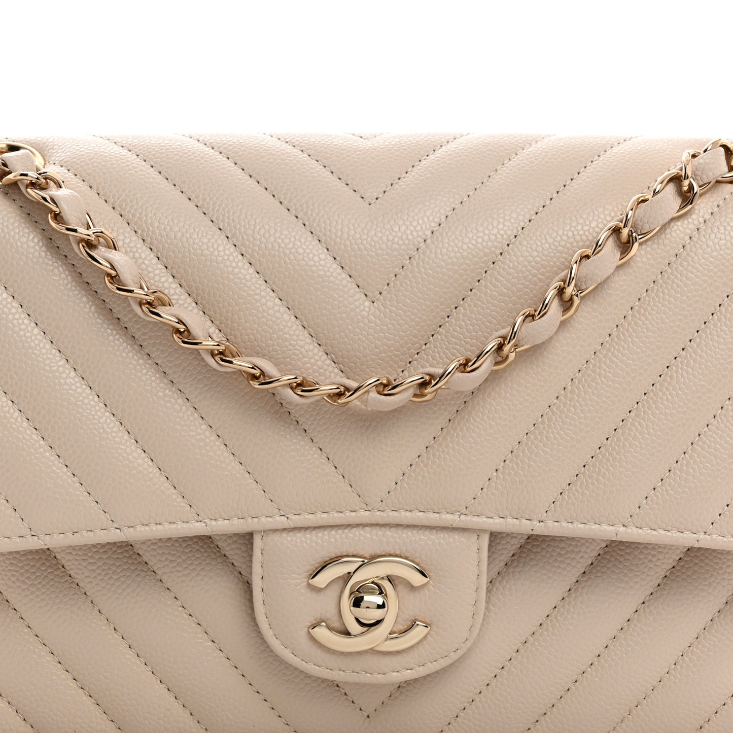 Caviar Chevron Quilted Medium Double Flap Beige
