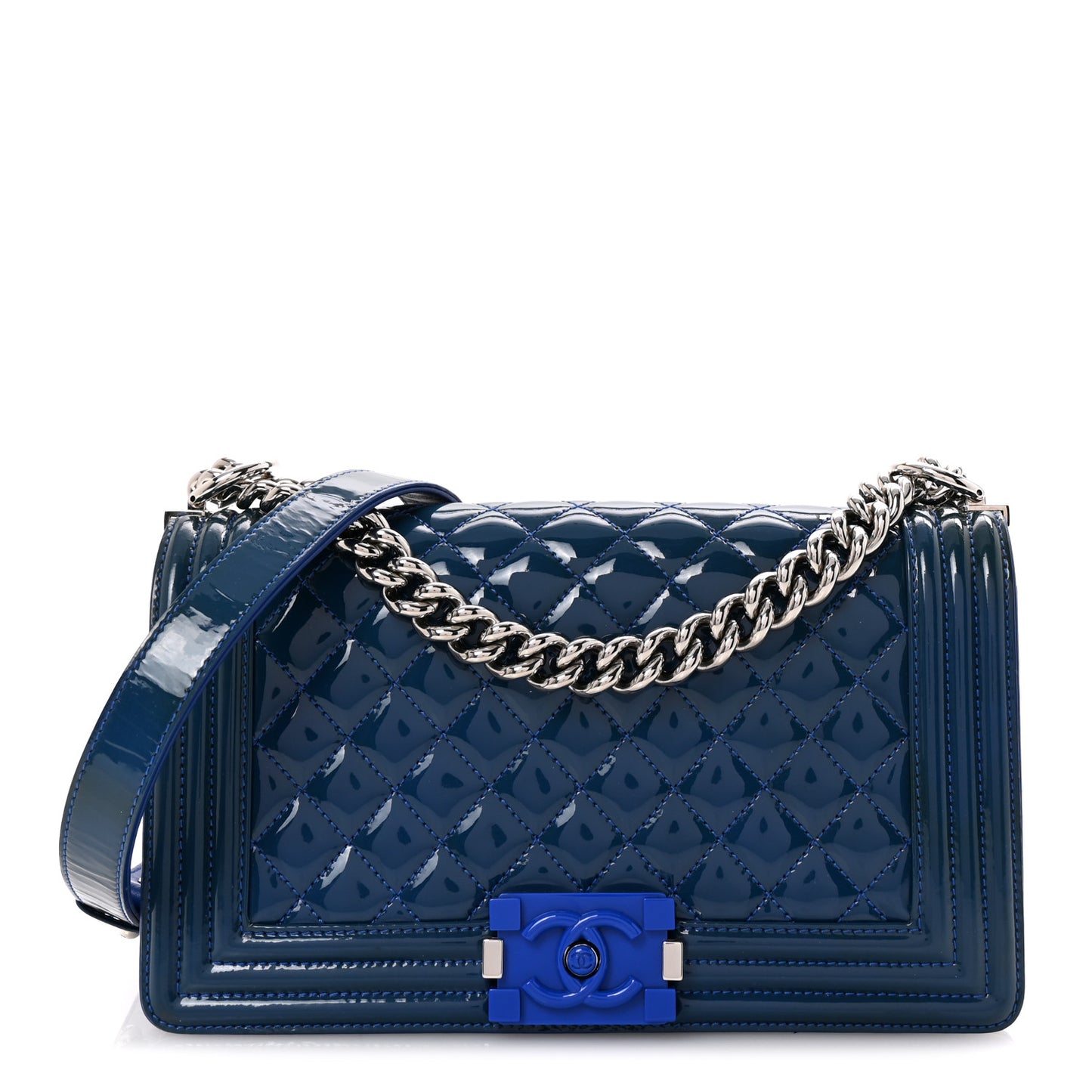 Patent Calfskin Quilted Medium Plexiglass Boy Flap Blue