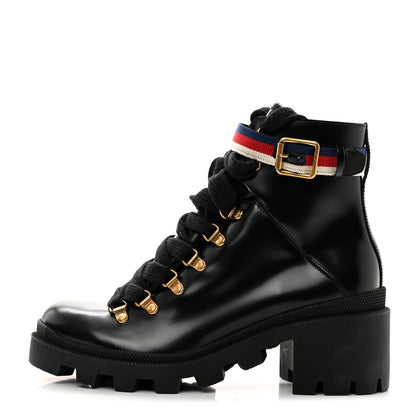 Gucci Calfskin Sylvie Web Womens Lace Up Combat Boots 38 Black 1 of 9