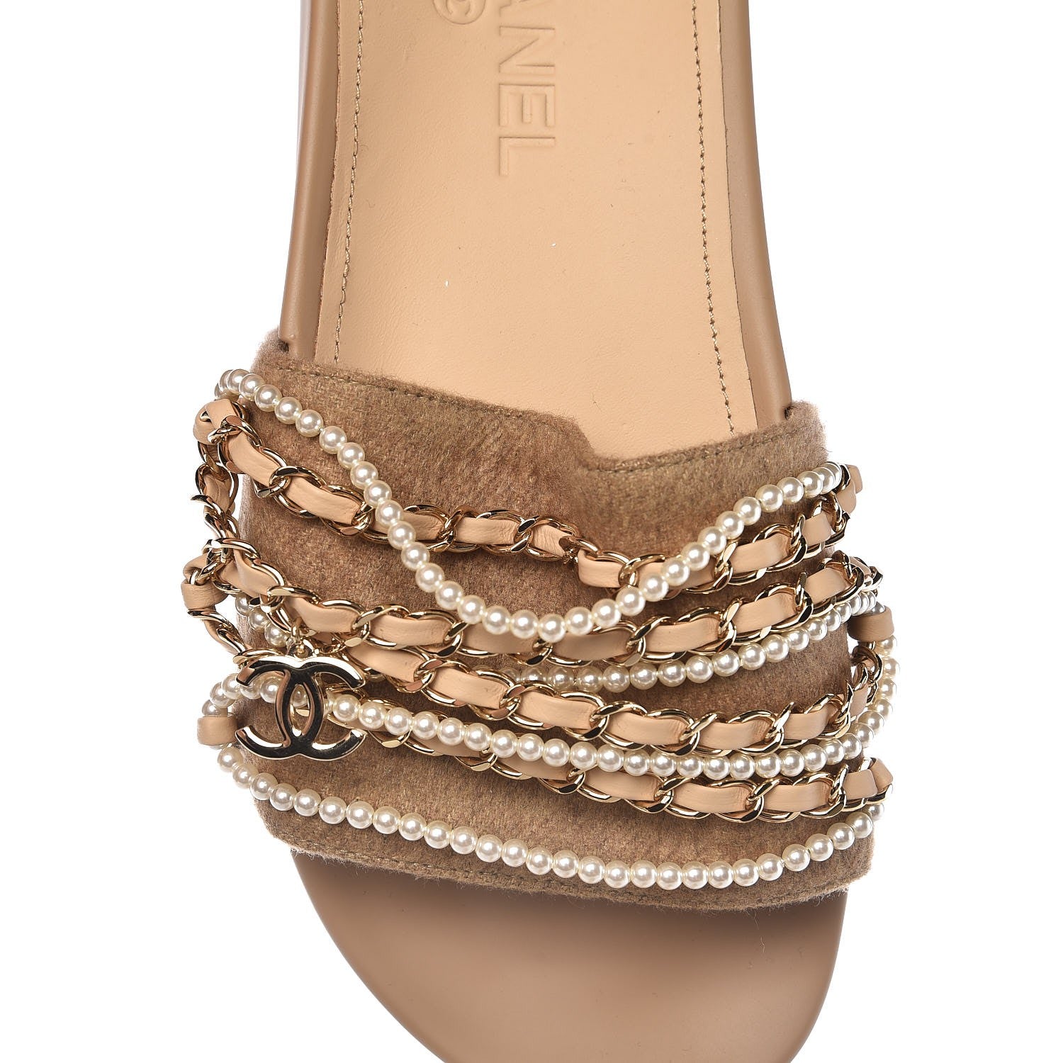 Chanel Felt Pearl Lambskin Chain Flat Sandals 37 Beige 9 of 9