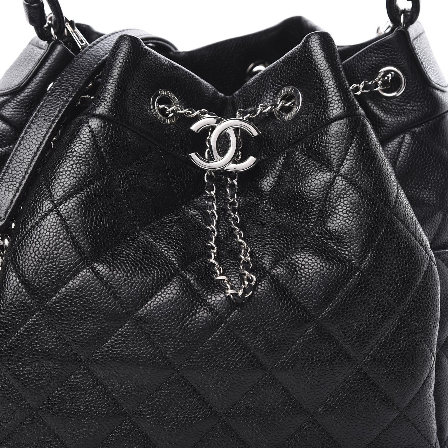 Grained Calfskin Quilted Medium CC Chain Bucket Drawstring Bag Black