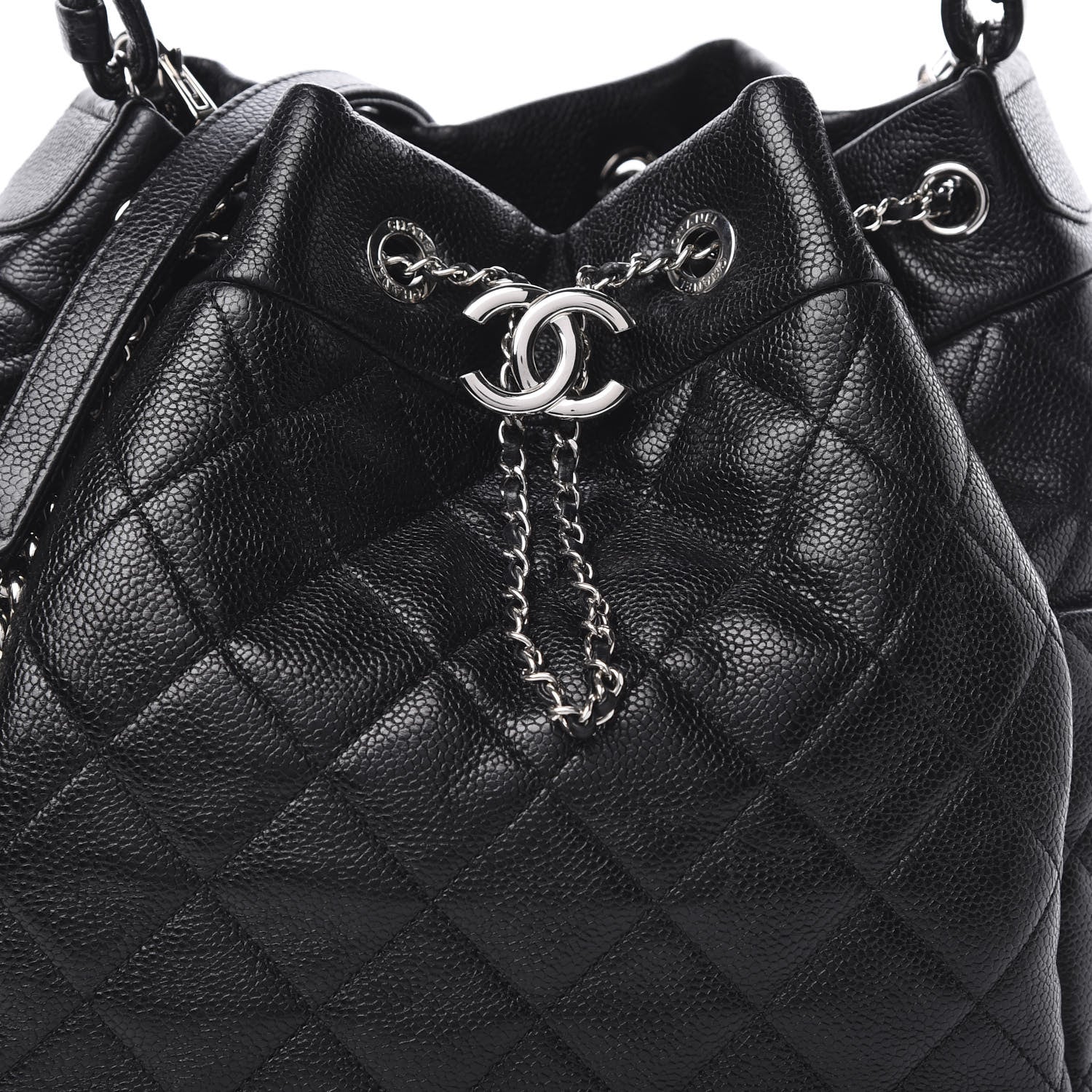 Chanel Grained Calfskin Quilted Medium CC Chain Bucket Drawstring Bag Black 9 of 13
