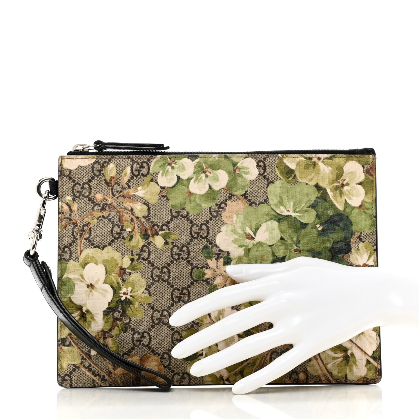 GG Supreme Monogram Blooms Small Zip Wristlet Pouch Beige New Military Black