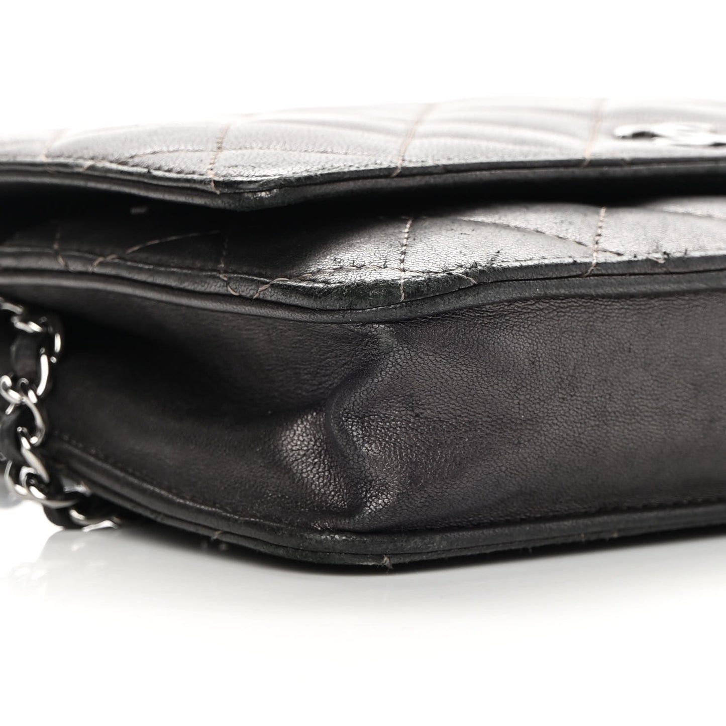Metallic Lambskin Quilted Wallet On Chain WOC Dark Grey