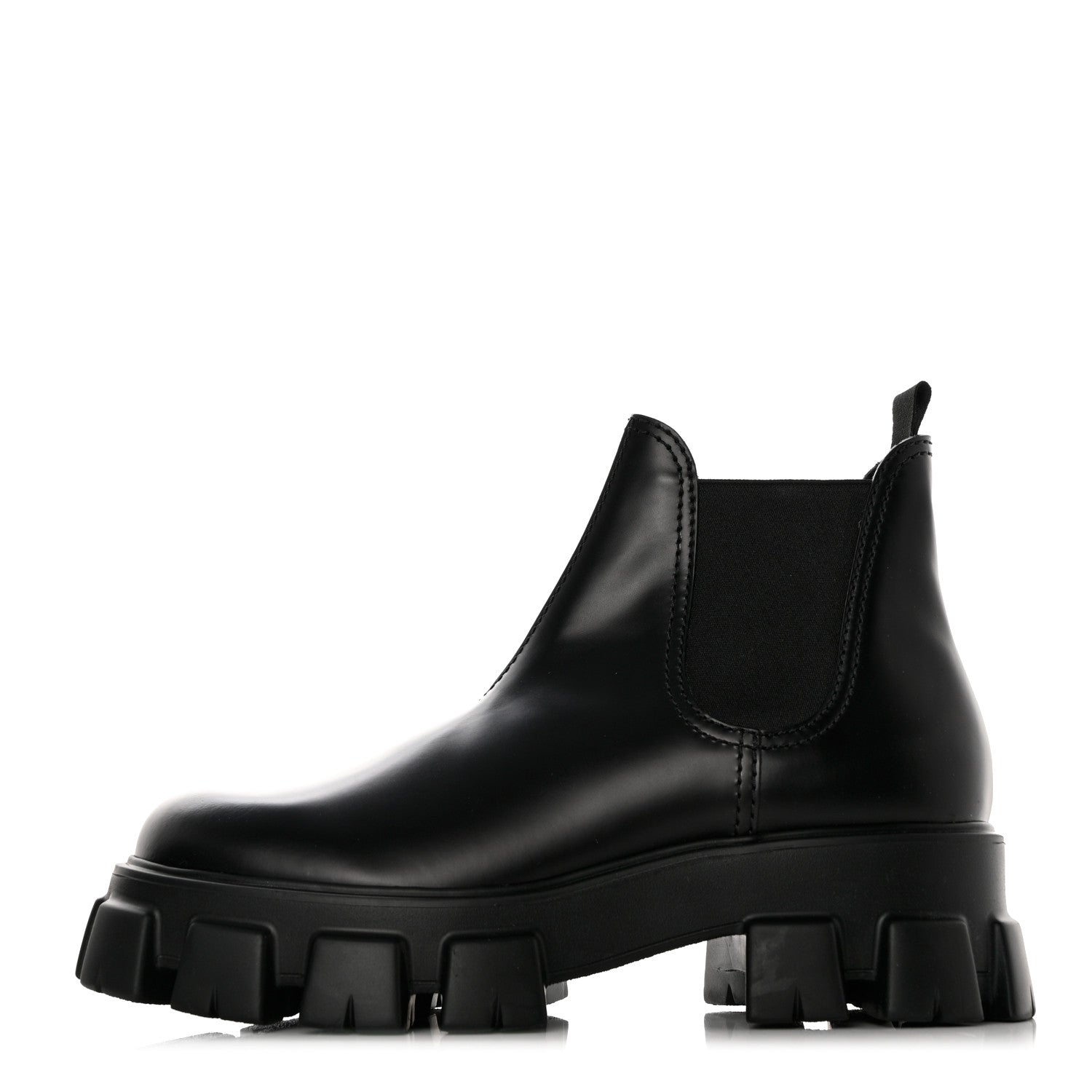 this is an image of a pair of Prada Spazzolato Rois Mens Monolith Chelsea 55mm Ankle Boots in Black by FASHIONPHILE