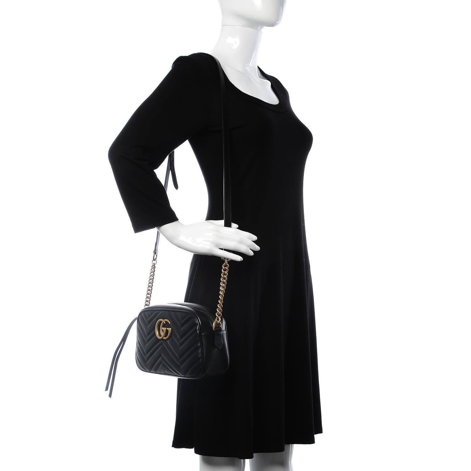 Gucci Calfskin Matelasse Small GG Marmont Chain Shoulder Bag Black 2 of 7