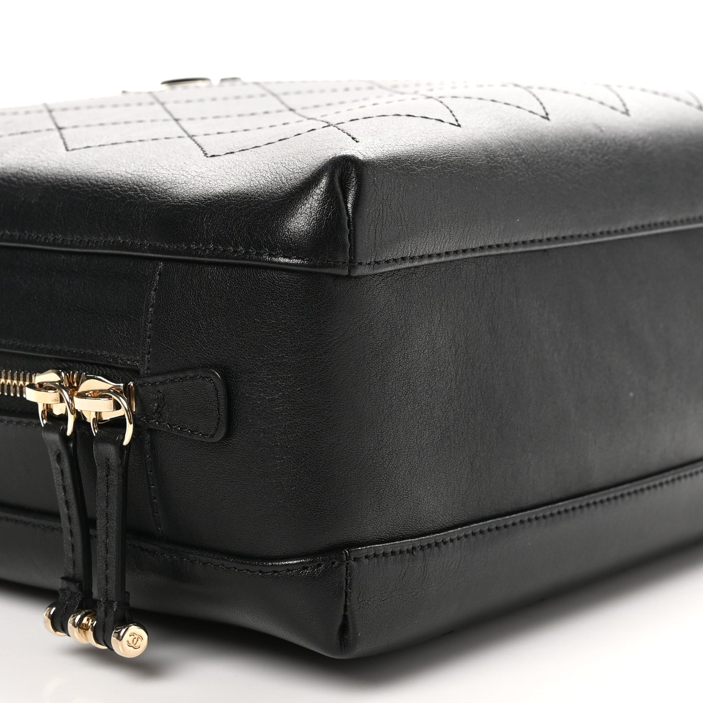 Calfskin Stitched Sleek Box Top Handle Vanity Bag Black