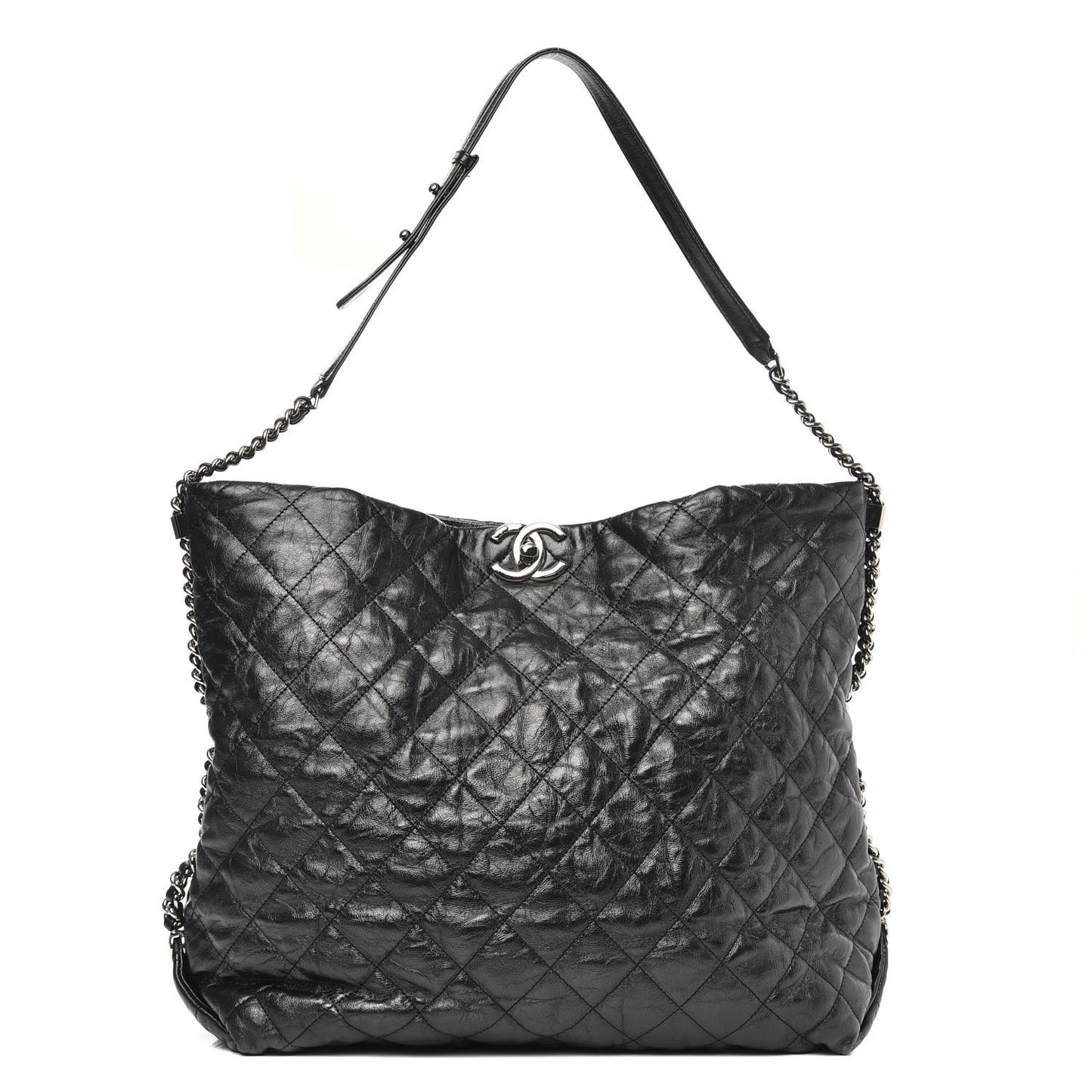 Metallic Crackled Calfskin Quilted Large Big Bang Hobo Black