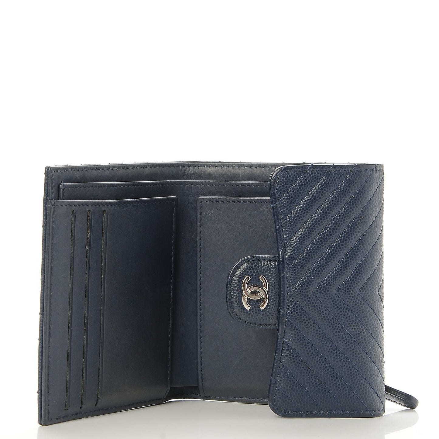 Caviar Chevron Quilted Compact Flap Wallet Navy