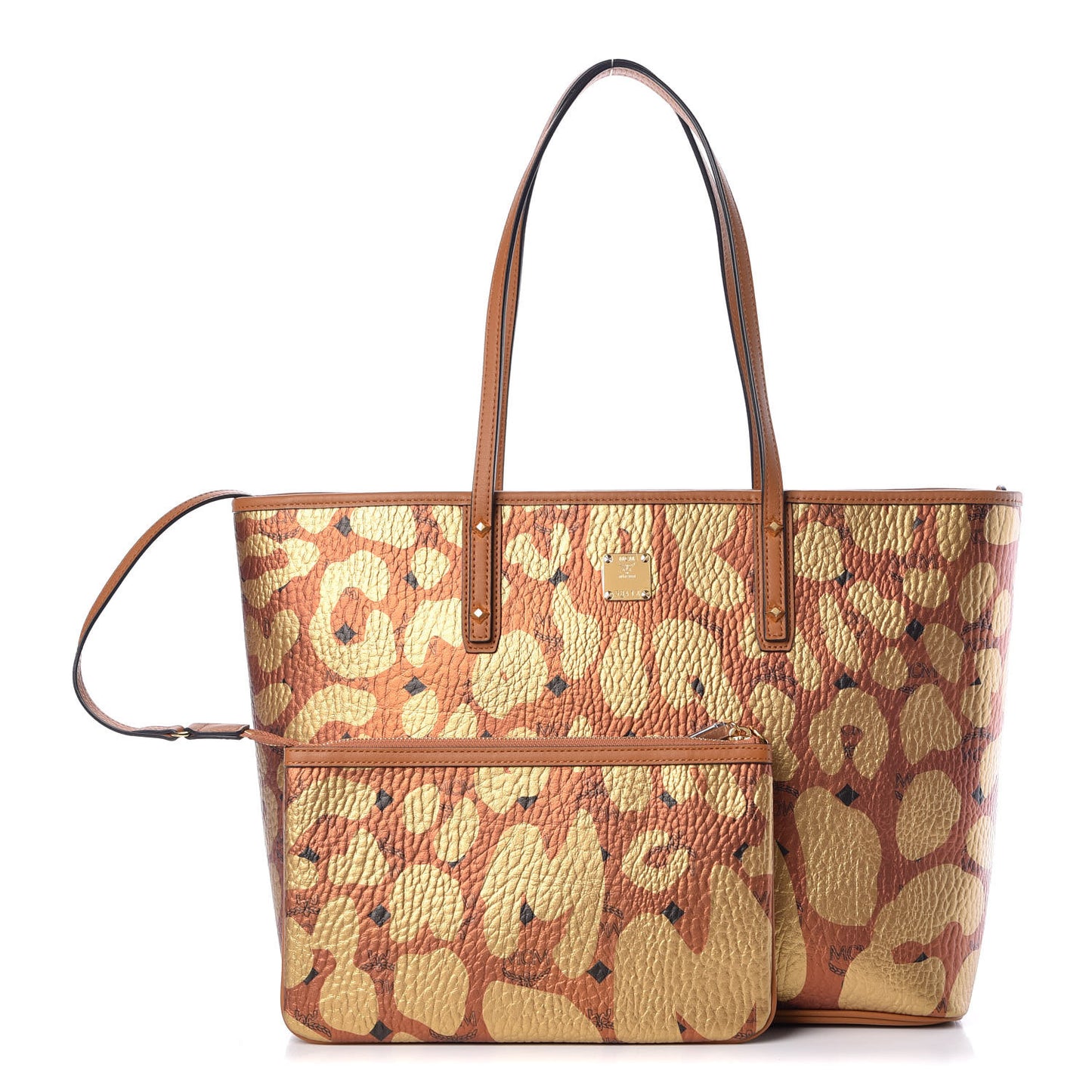 Visetos Metallic Leopard Print Medium Anya Shopper Tote Cognac