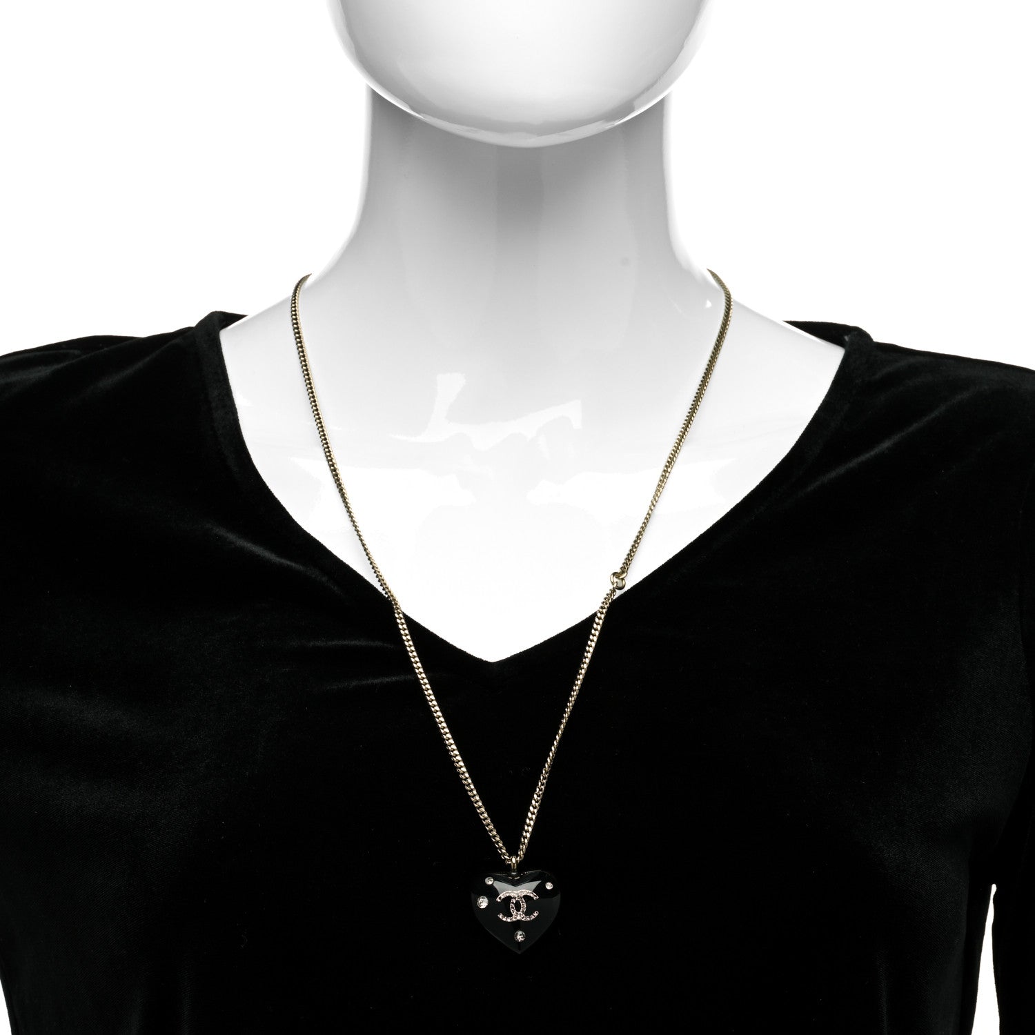 Chanel Resin Crystal CC Heart Necklace Black Silver 2 of 5