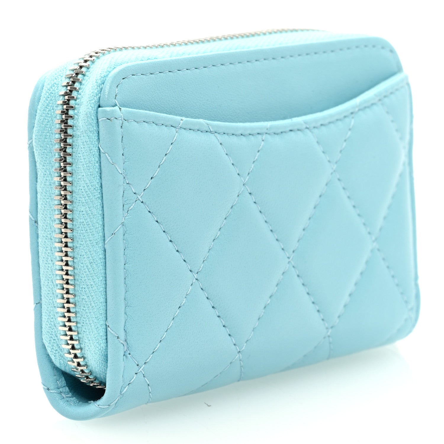 Chanel Lambskin Quilted Zip Around Coin Purse Wallet Neon Blue 3 of 7