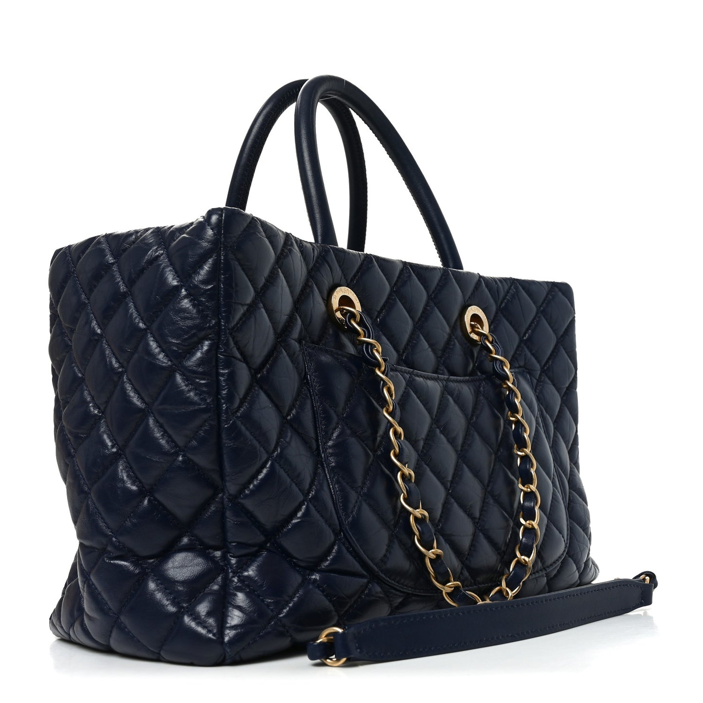 Aged Calfskin Quilted Medium Coco Handle Shopping Tote Navy