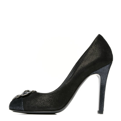 Chanel Metallic Fabric Jewel Cap Toe Pumps 37 Black Blue 1 of 6