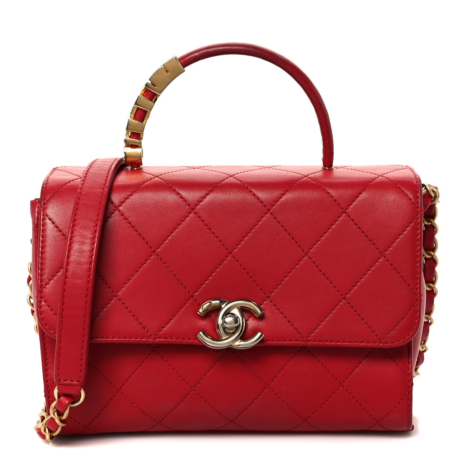 Chanel Lambskin Stitched Pearl Logo Top Handle Flap Red 1 of 11