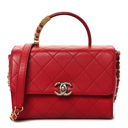 Chanel Lambskin Stitched Pearl Logo Top Handle Flap Red 1 of 11