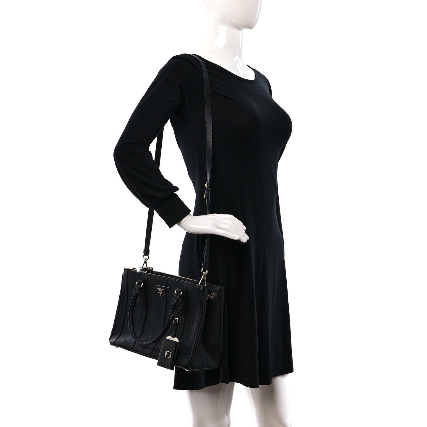 Saffiano City Calfskin Small Striped Galleria Double Zip Tote Black