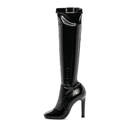 Saint Laurent Patent Stretch Crystal Buckle Lala 105 Tall Boots 36 Black 1 of 11