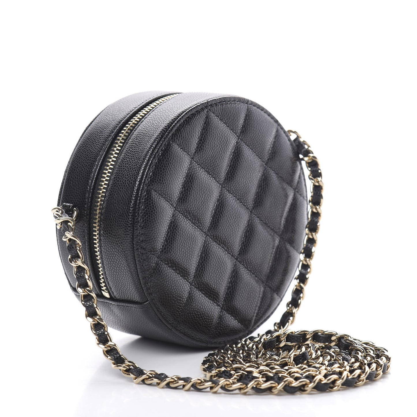 Caviar Quilted French New Wave Round Clutch With Chain Black