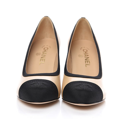 Chanel Lambskin Grosgrain Cap Toe CC Pumps 37 Beige Black 2 of 10