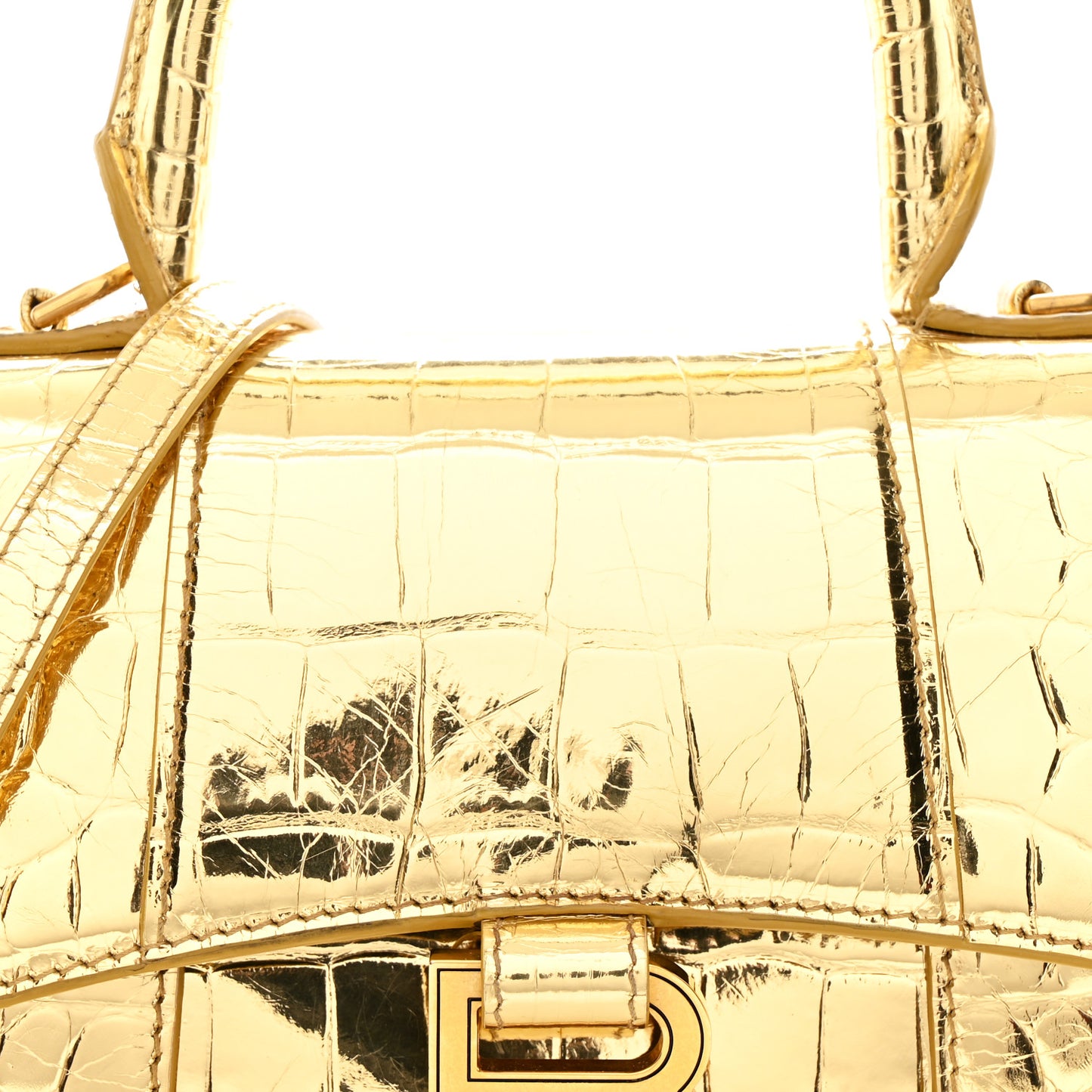 Metallic Calfskin Crocodile Embossed Hourglass Top Handle Bag XS Gold