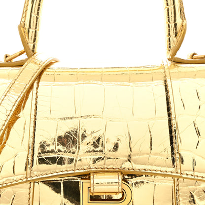 Balenciaga Metallic Calfskin Crocodile Embossed Hourglass Top Handle Bag XS Gold 9 of 13
